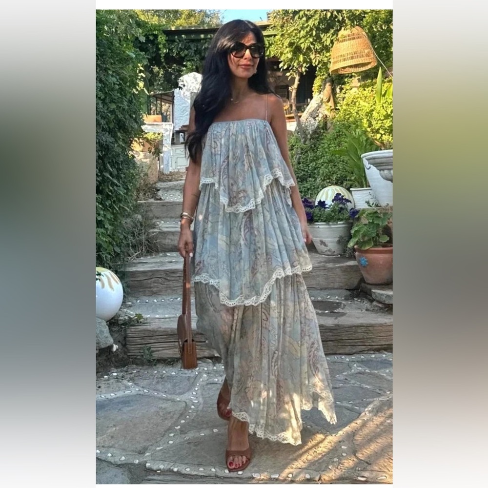 Zara Chiffon Lace Ruffle Print Maxi Dress